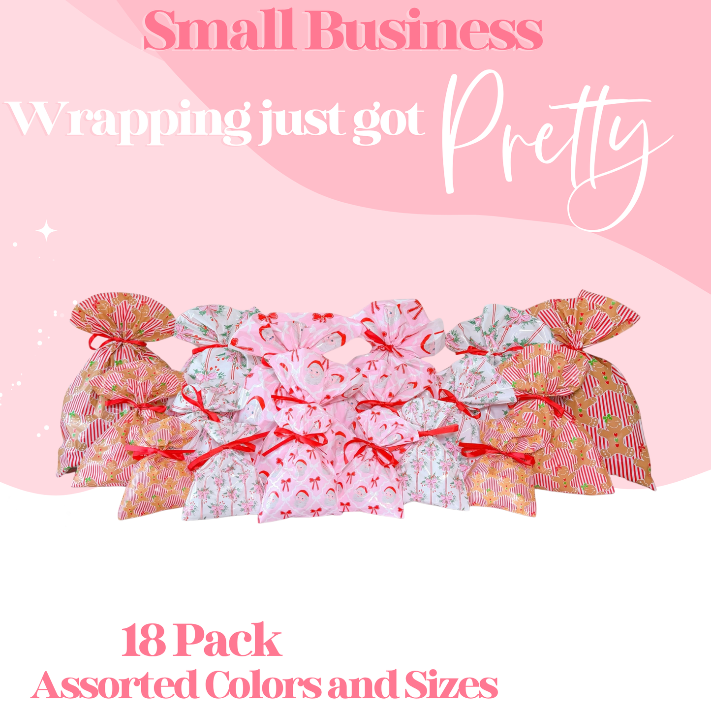 Pretty Package Store Christmas Gift Bag Variety Pack 18 Piece Heavy Duty Waterproof Designer Gift Bags with Ribbon Closure for Small Business Holiday Packaging Boutique Gift Wrapping Assorted Sizes & Prints