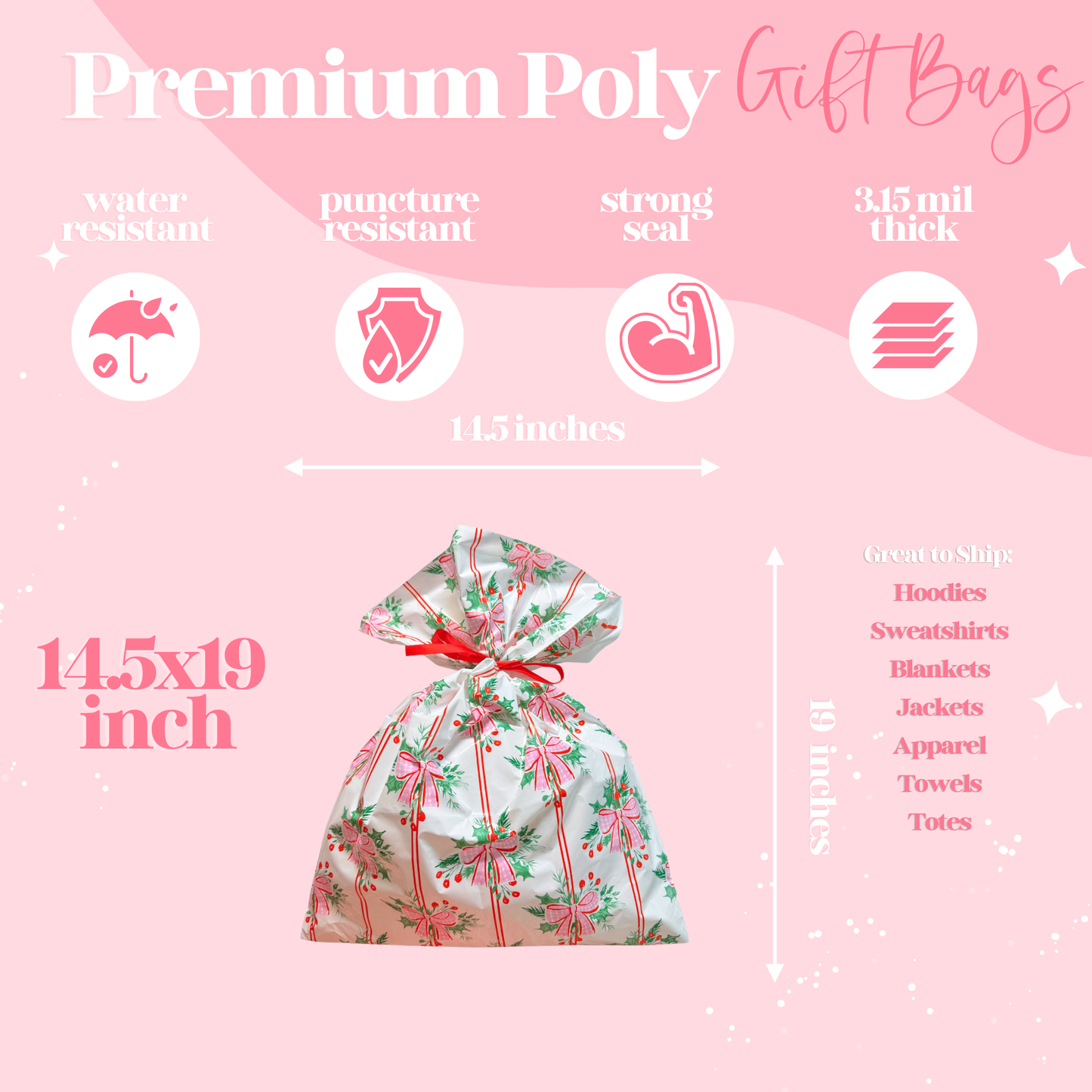 Pretty Package Store Christmas Gift Bag Variety Pack 18 Piece Heavy Duty Waterproof Designer Gift Bags with Ribbon Closure for Small Business Holiday Packaging Boutique Gift Wrapping Assorted Sizes & Prints